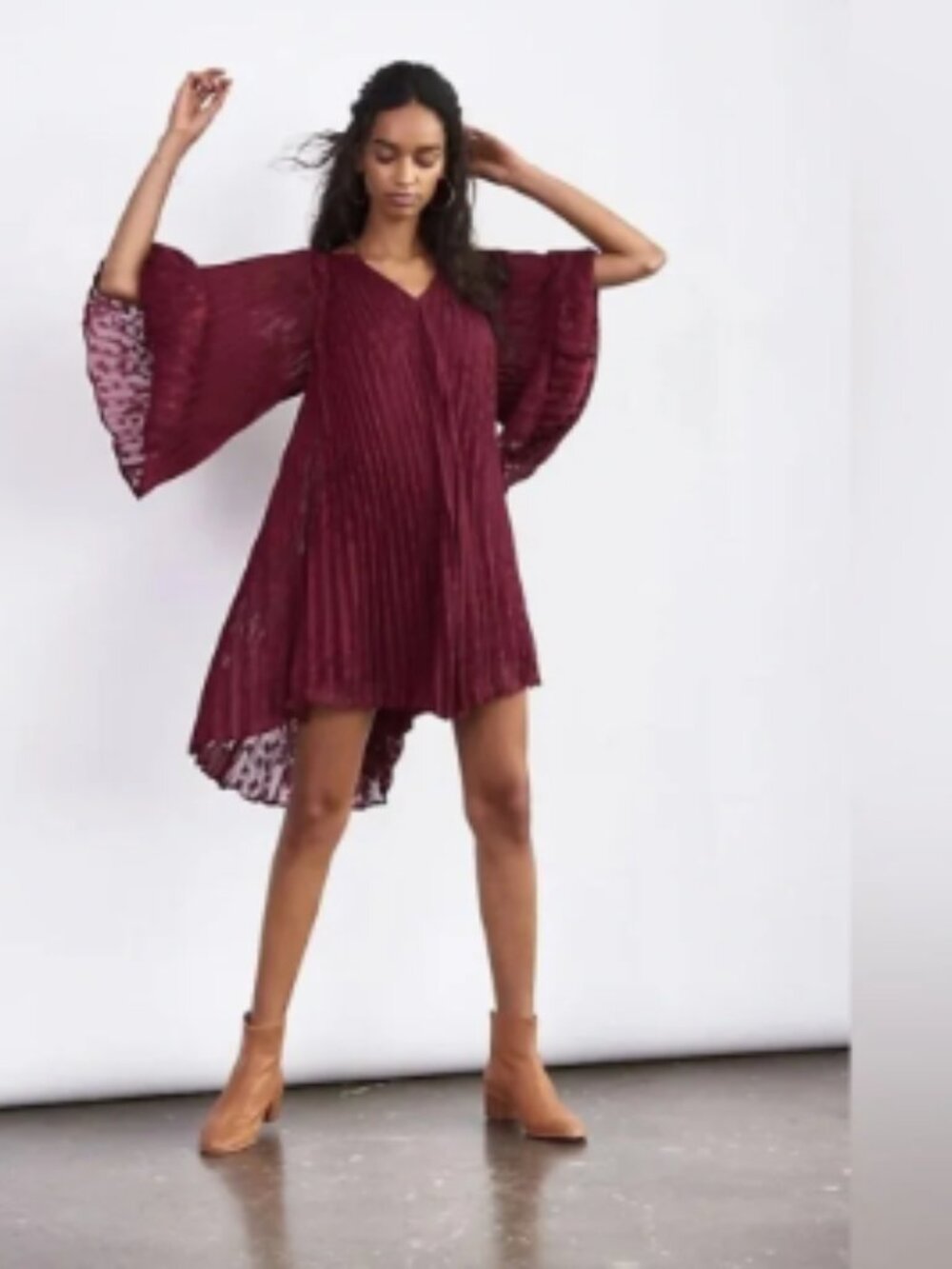 Anthropologie Large Burgundy Toulon Accordion Pleated Swing Mini Dress